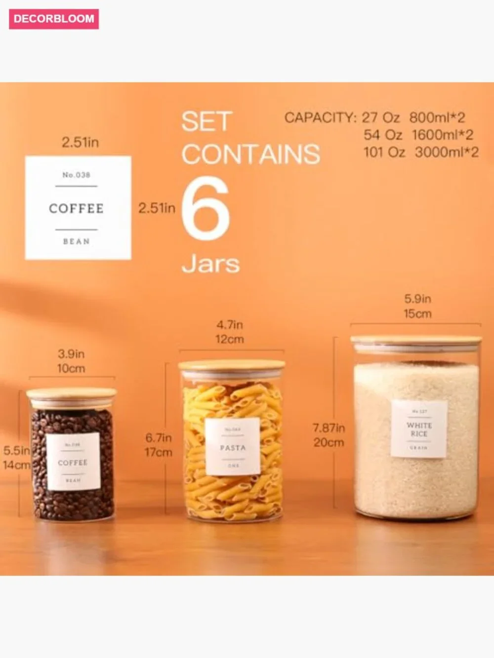 6-Pack Borosilicate Glass Storage Jars with Bamboo Lids & 132 Labels